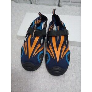 Boys Water Shoes DARK BLUE w/ ORANGE & TURQUOISE DESIGN River Beach Swim L 2-3
